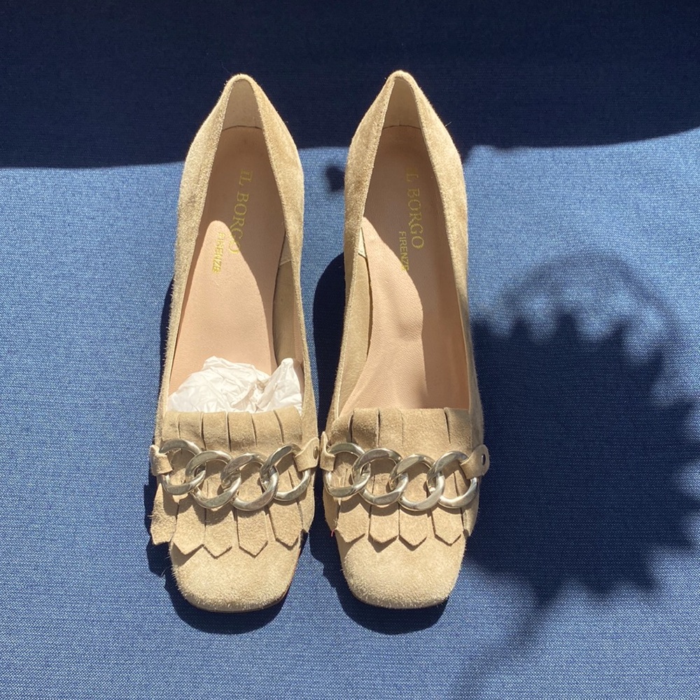 Handmade Italian leather shoe, suede, mid heels, handmade, made in Florence